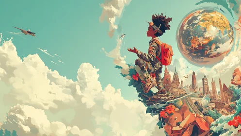 Curious young traveler meets a floating world of bright cities