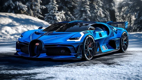 Electric blue hypercar cuts through snowy forest sunlight