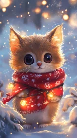 Fluffy winter kitten in red scarf with glowing lights.