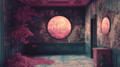 Dreamlike pink forest glows beyond a calm interior window