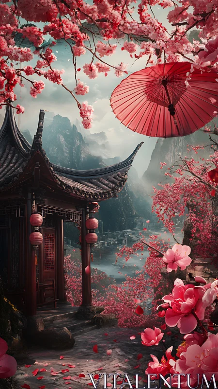 Cherry blossoms over traditional pavilion and mist valley.