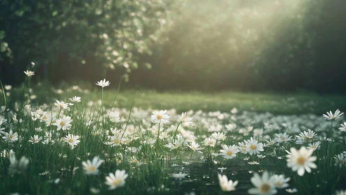 Shallow depth-of-field daisy meadow with atmospheric bokeh and natural diffusion