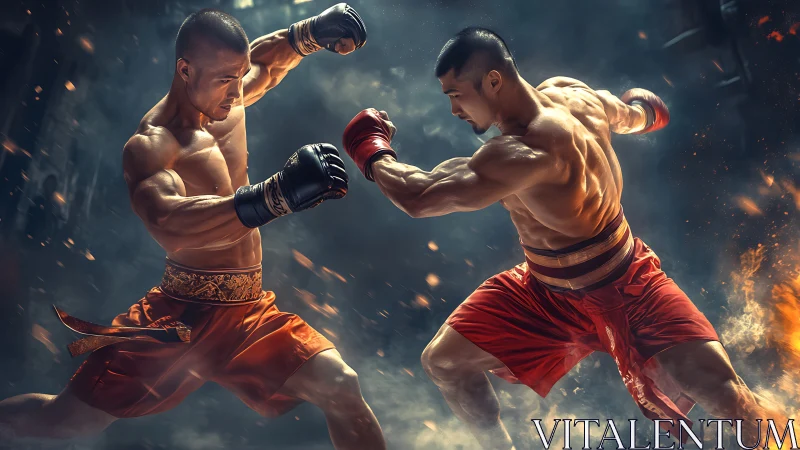 Two muscular boxers engaged in dynamic combat exchange with explosive fire effects.
