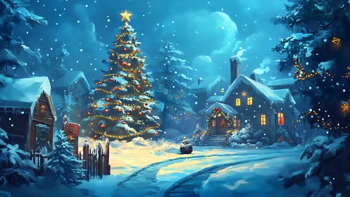 Snowy village Christmas tree under cinematic moonlit sky.