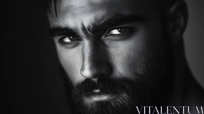High contrast male portrait with intense directional gaze, monochrome