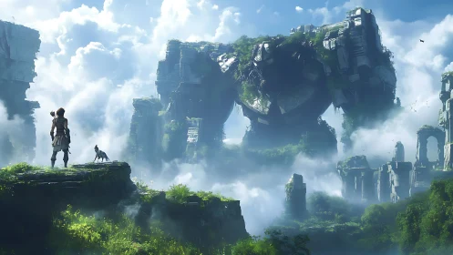 Skyward ruins awaken as a stone colossus greets a wanderer