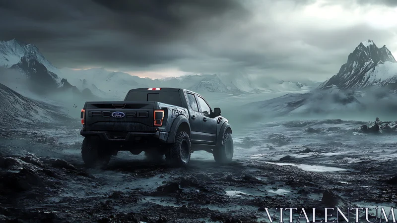 Rugged pickup truck embracing a misty mountain frontier.