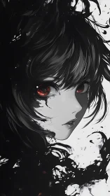Monochrome anime portrait with red eyes and ink-like forms.