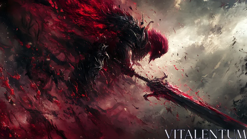 Blood-red armored swordsman emerges through chaotic abstract vortex