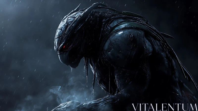 Brooding alien warrior under rain in cinematic blue gloom.