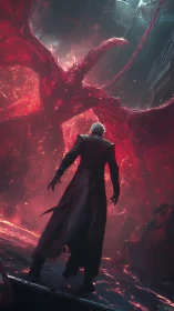 Figure facing red energy construct in urban ruin environment.