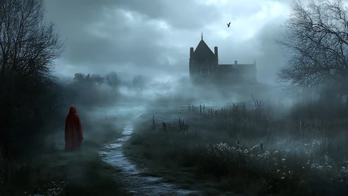 Cloaked figure walks toward foggy church in bleak moor