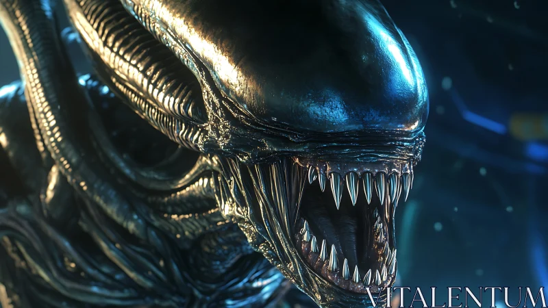 Xenomorphic alien close-up in cinematic blue backlighting.