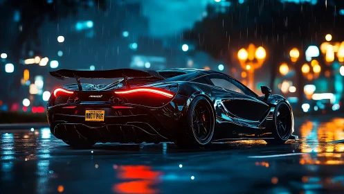 Hyperreal rear three-quarter view of black supercar in rain