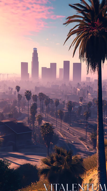 Sunset city skyline with palm trees in foreground.