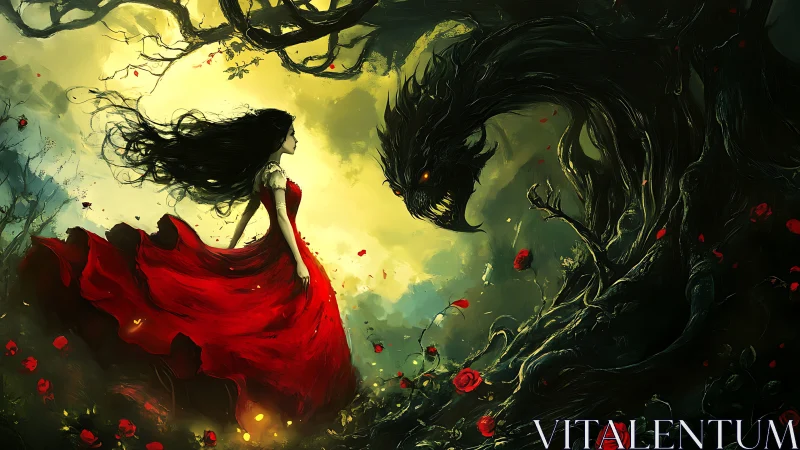 Crimson-gowned heroine confronting arboreal shadow beast.