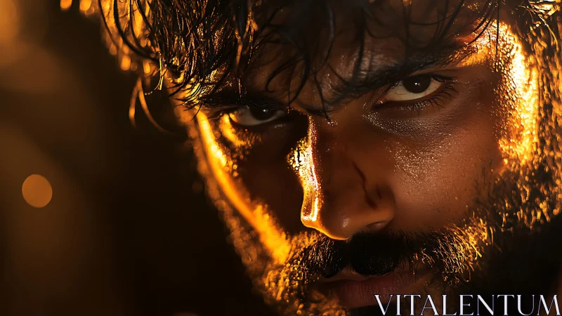 Close male face in low key lighting with golden rim light.