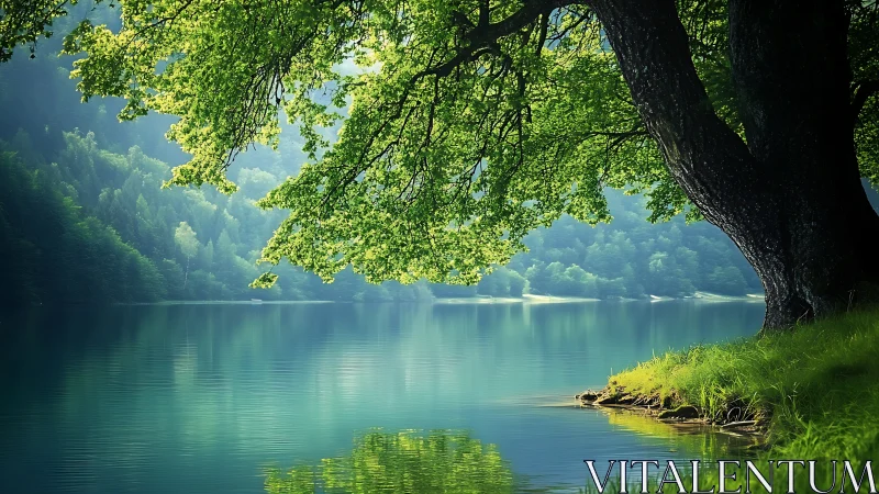Sunlit branches lean over a lake and whisper in ripples