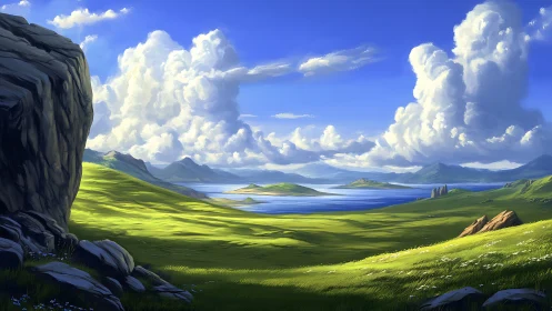 Sunlit coastal grasslands under cumulus buildup and distant mountains