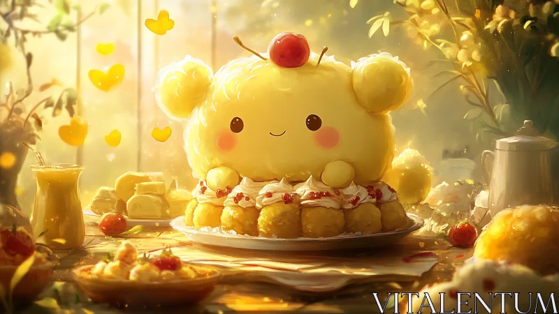Golden Character Surrounded by Autumn Fruits and Warm Light