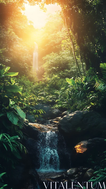 Jungle Waterfall Canyon Under Golden Canopy Lighting.