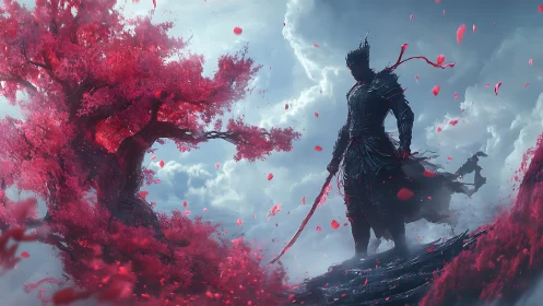 Armored shadow warrior beneath crimson blossom vortex skies