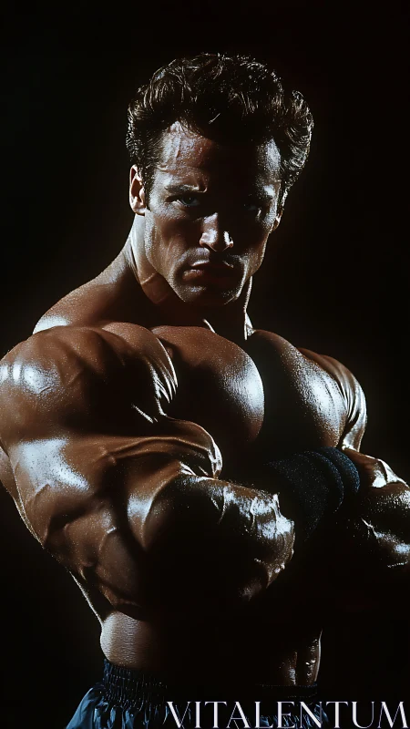 Male bodybuilder in dramatic side-lit muscular pose.