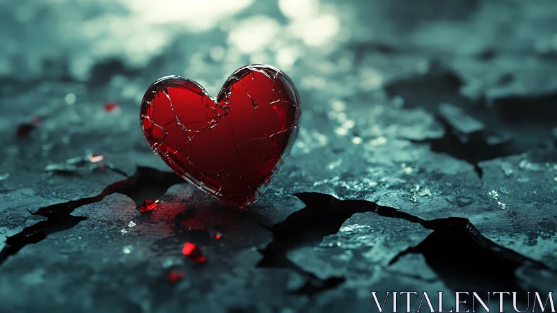 Crystalline Glass Heart Fractured on Weathered Surface with Refracted Light