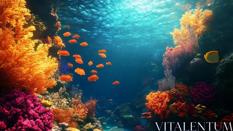 Sunlit tropical coral reef corridor with schooling orange fish