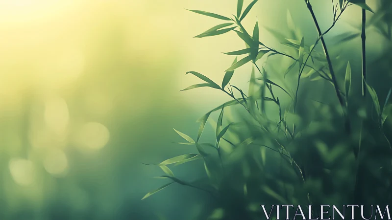 Tranquil bamboo leaves in soft sunlight, dreamy nature background.