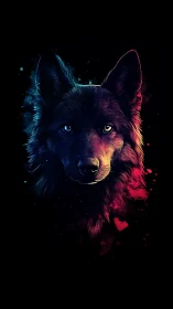 Neon wolf portrait glows against deep black negative space