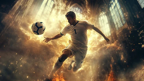 Soccer player in midair kick surrounded by fiery energy.
