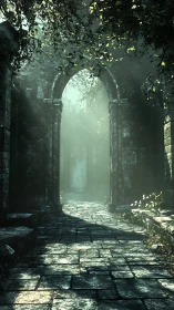 Moonlit ruin archways invite wanderers into haunted hush.