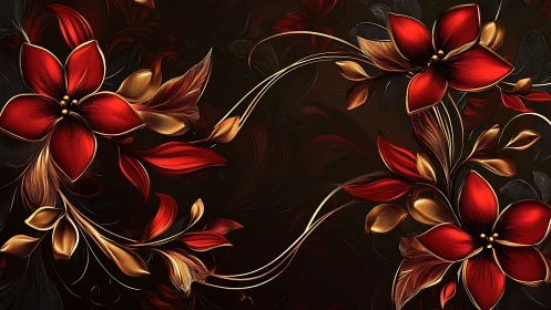 Red and Gold Floral Design on Dark Background