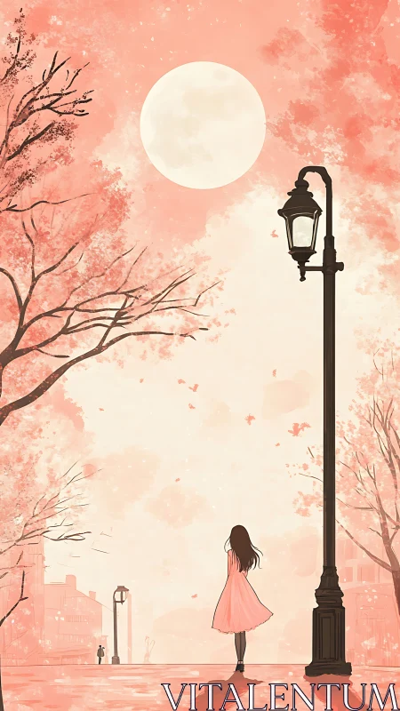 Girl in pink dress walks beneath full moon on pastel street