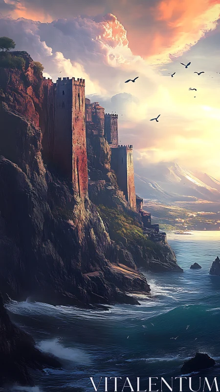 Fantasy fortress on coastal cliff with dramatic sunset and flying birds.