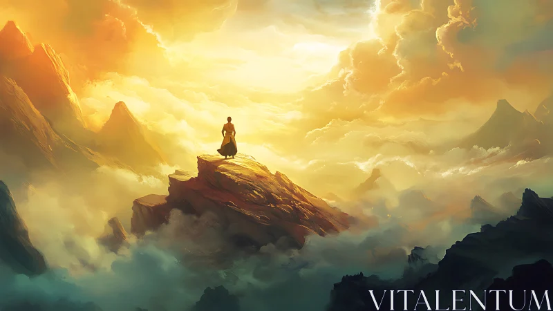 Digital painting of lone figure on luminous summit plateau.