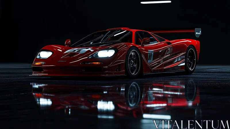 Red race car in dark studio with glossy floor reflection.