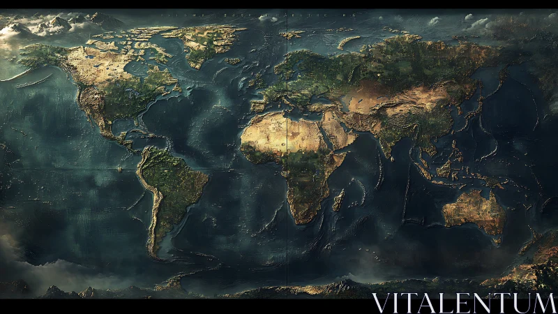 Textured world map glowing with oceans and continents.