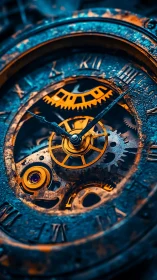 Rustic clockwork close up with glowing blue and gold gears.