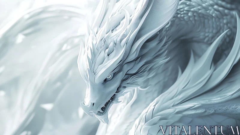 Majestic ice dragon curls in swirling pale winter light