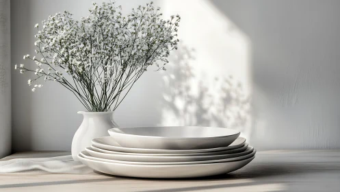 Soft morning light choreographs plates, vase, and quiet blooms