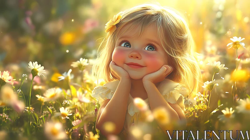 Contemplative Child in Golden Wildflower Meadow.