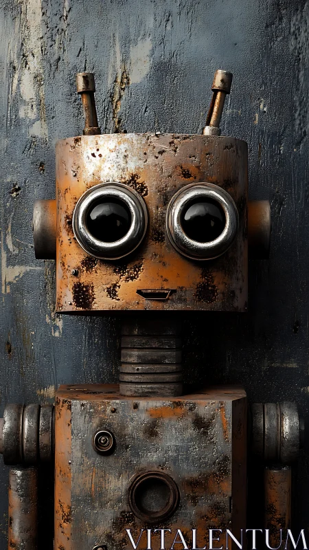 Rusty wide-eyed robot stands against a textured metal wall
