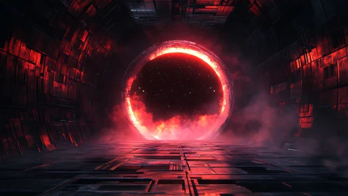 Luminous red warp gate opens in a dark industrial corridor