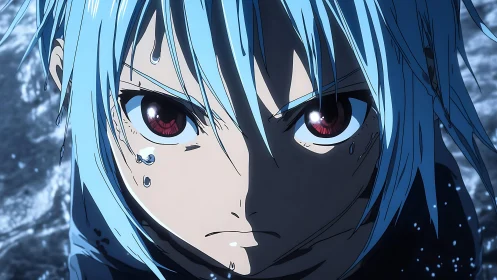 Intense blue haired anime hero under harsh dramatic light.