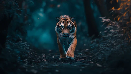 Midnight tiger patrol through teal-shadowed jungle hush.