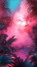 Neon tropical lagoon under glowing cyan and pink mist.
