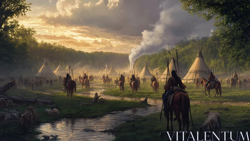Horse riders entering a riverside teepee village at dusk.
