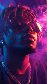 Neon lit portrait of man in sunglasses with vapor haze and chains.
